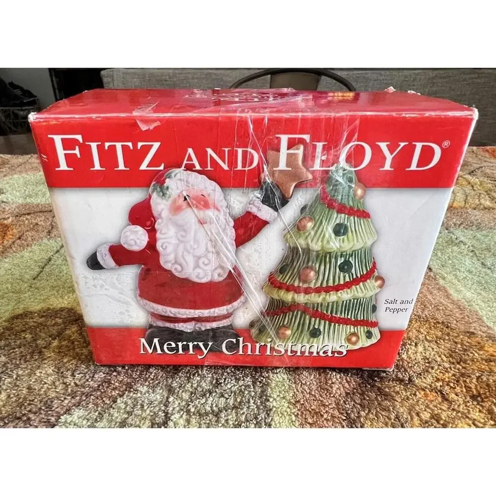 Fitz &‎ Floyd Merry Christmas Santa & Tree Ceramic Salt & Pepper Shakers Set
